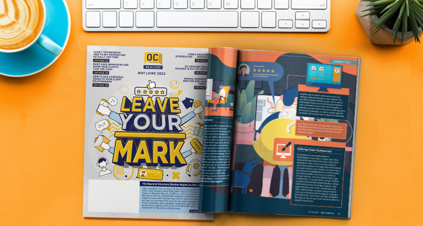 May June OC REALTOR Magazine on a table with a cup of copy