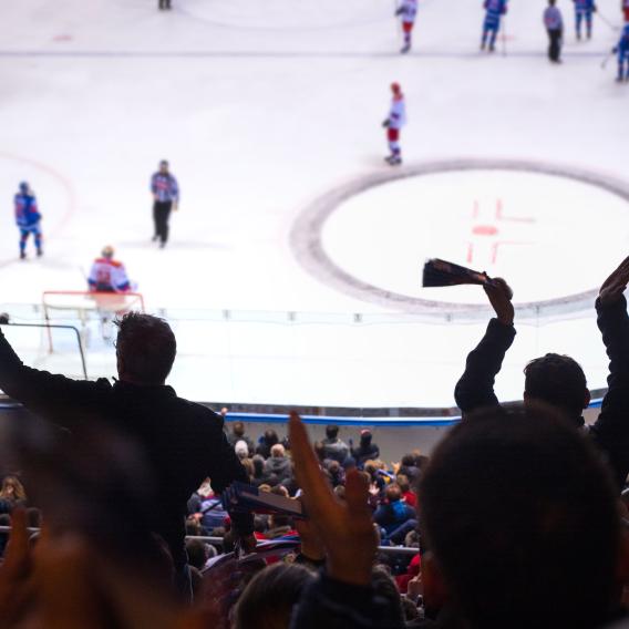 Fans support team, ice hockey match