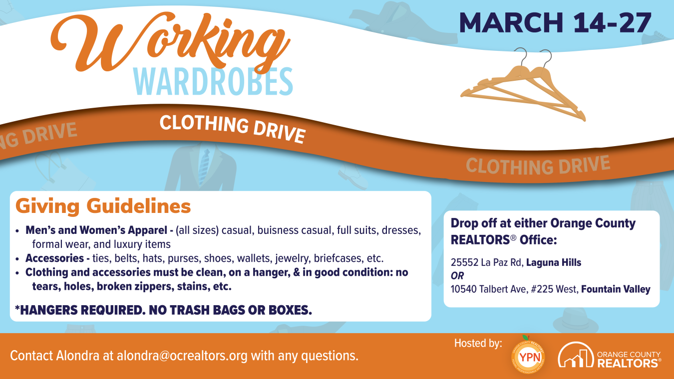 Working Wardrobes Clothing Drive March 14-27. Drop off at either OCR office.