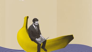 Businessman photoshopped sitting on a banana with a laptop