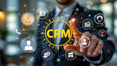 man touching floating icons depicting CRM features